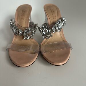 SCHUTZ Women's Crystal Embellished Clear Strap Mules - clear block heels